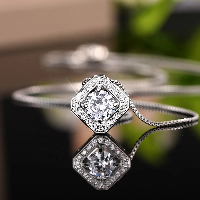 Simple Silver Color Princess Square Cut Crystal Zircon Pendant Necklace for Women Best Friends Gifts Chain Jewelry