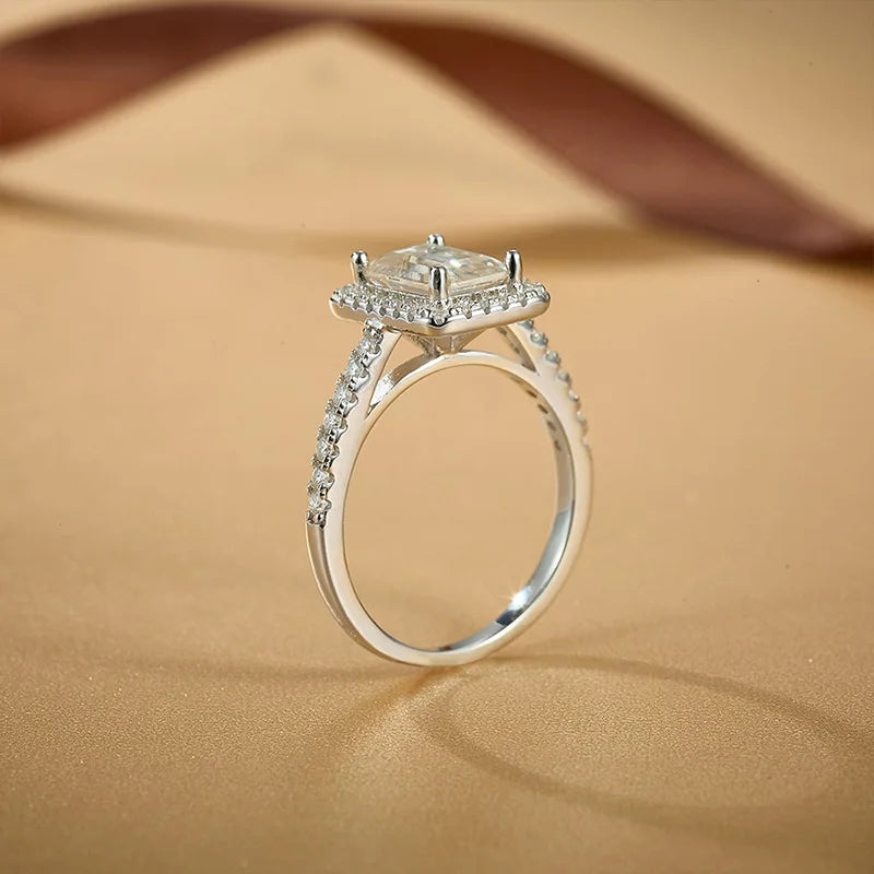 925 Sterling Silver GRA Certified 6*8mm 2CT Emerald Cut Moissanite Engagement Ring for Women