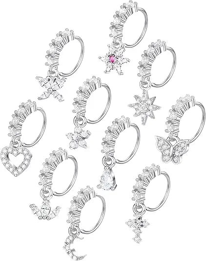 10Pcs Dangle Nose Rings Hoop Butterfly Heart Moon Flower Star CZ Cartilage Earring Dangling Nose Body Piercing Jewelry 20G