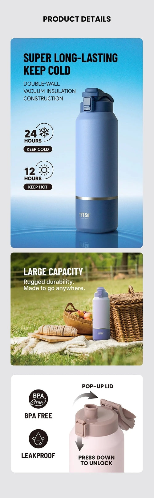 Tyeso Large Capacity Insulated Water Bottle Portable Travel Mug with